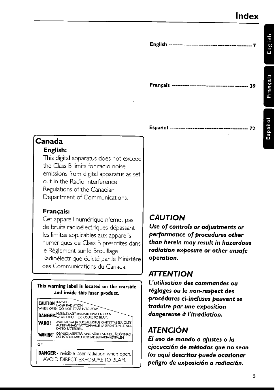 Index, Canada, Caution | Attention, Atención, English, Français | Philips FWI1000 User Manual | Page 5 / 106