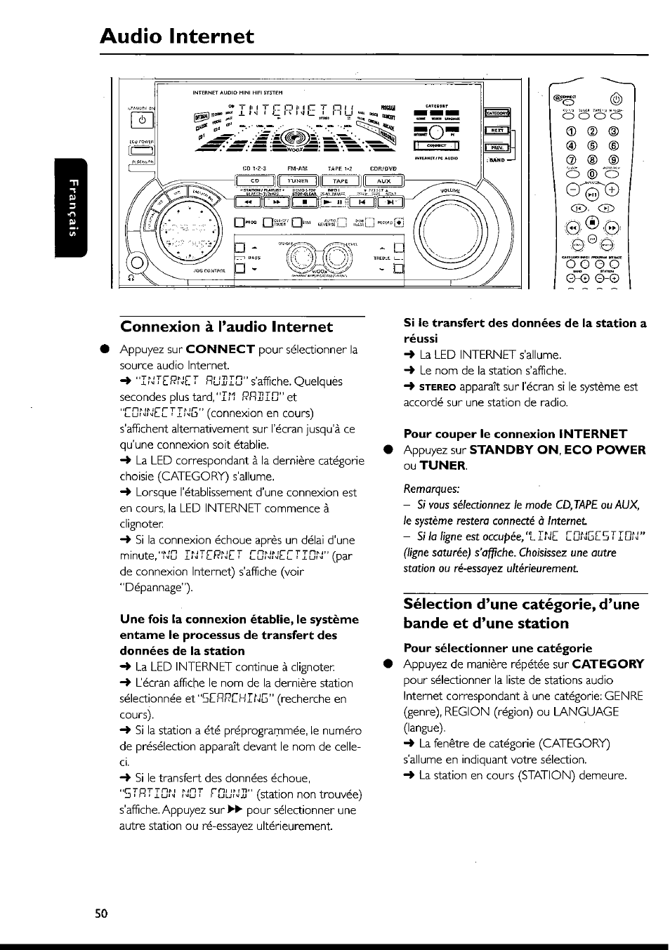 Connexion à l’audio internet, Si le transfert des données de la station a réussi, Audio internet | Connexion, L’audio internet | Philips FWI1000 User Manual | Page 50 / 106