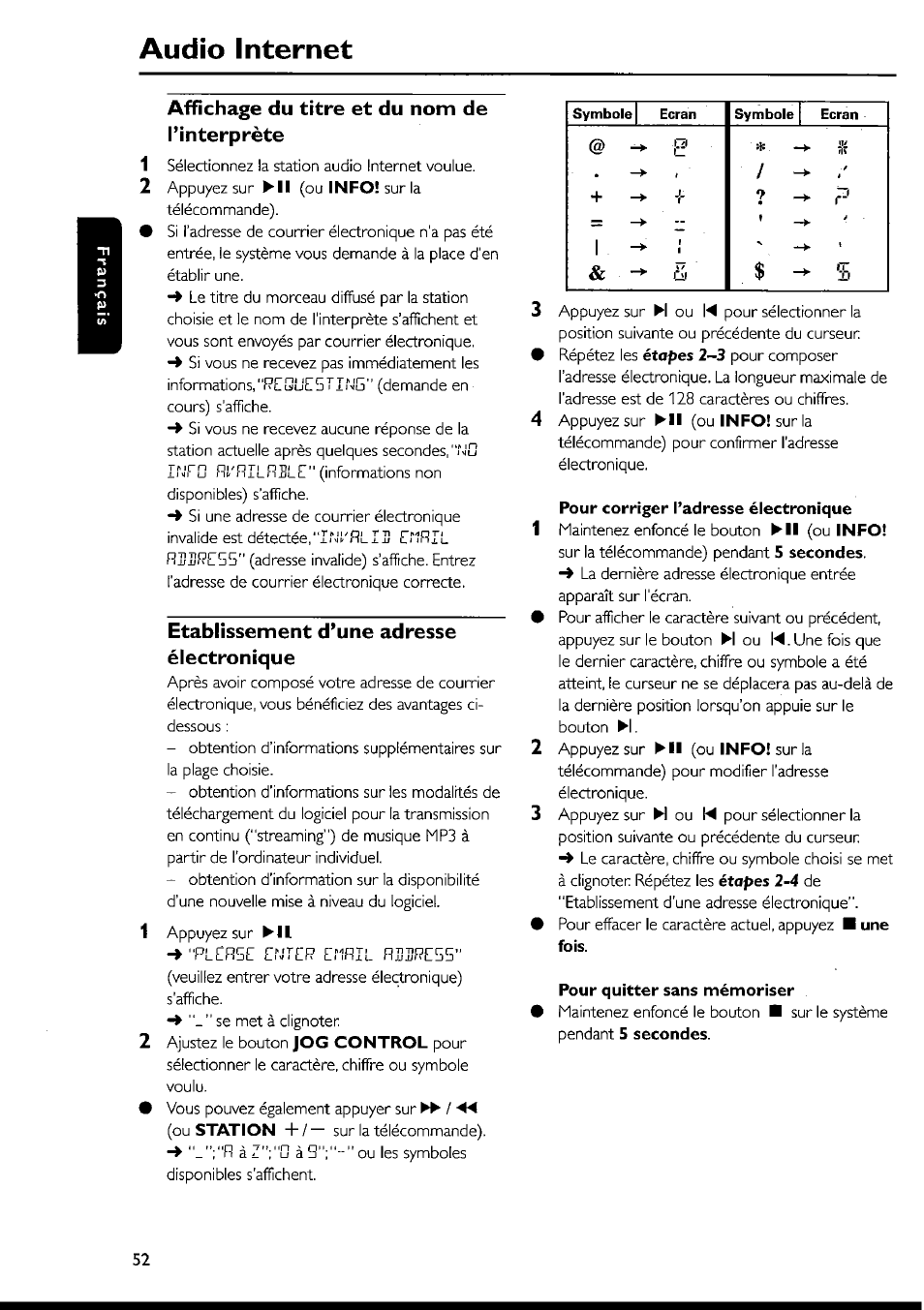 Affichage du titre et du nom de l’interprète, Etablissement d’une adresse électronique, Pour corriger l’adresse électronique | Pour quitter sans mémoriser, Audio internet | Philips FWI1000 User Manual | Page 52 / 106
