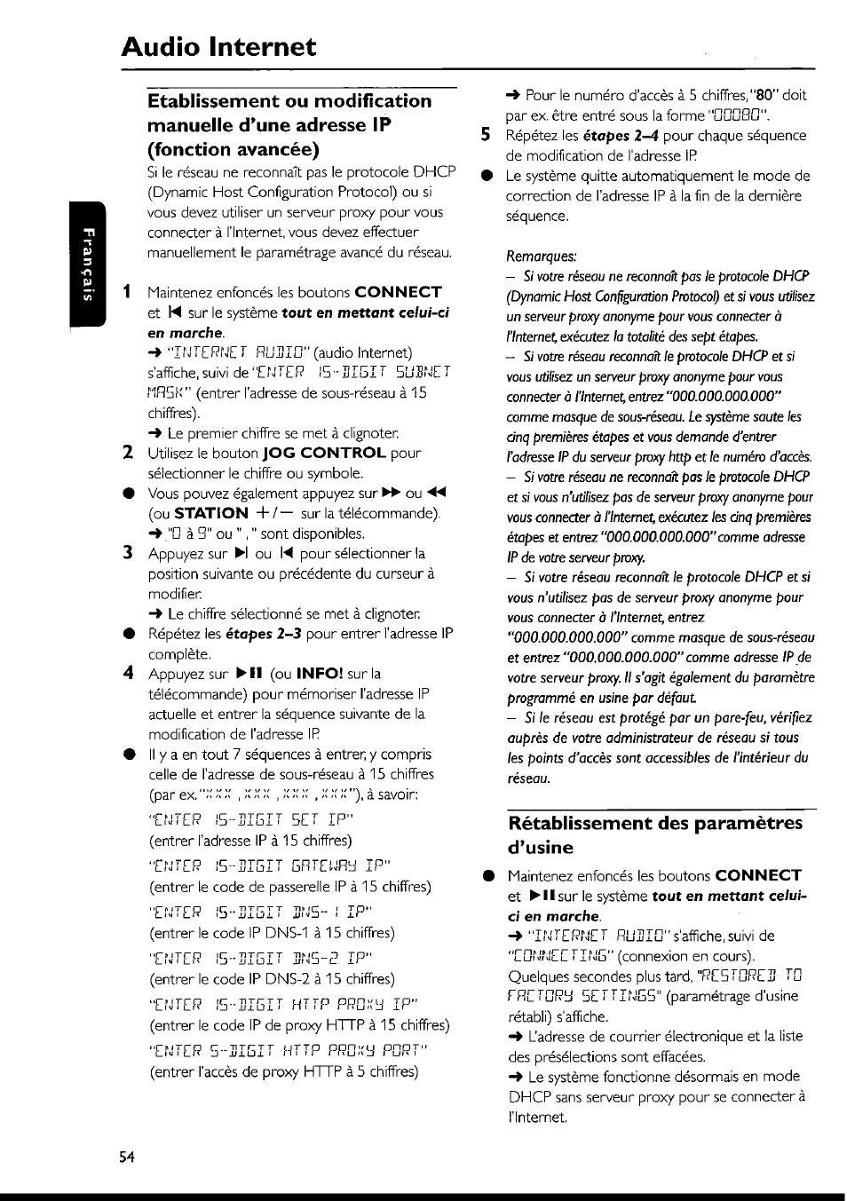 Rétablissement des paramètres d’usine, Audio internet | Philips FWI1000 User Manual | Page 54 / 106