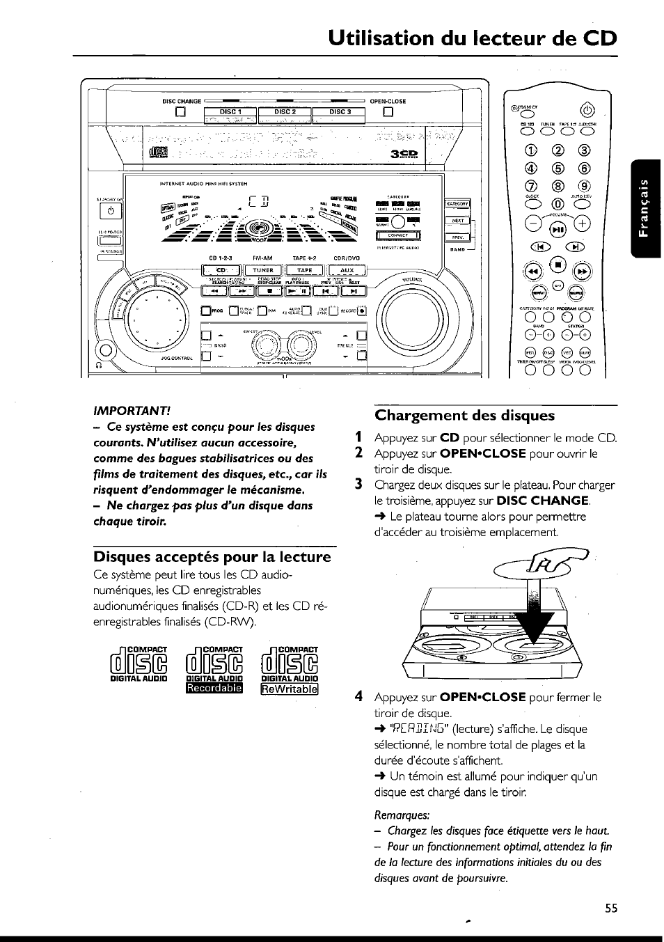 Disques acceptés pour la lecture, Chargement des disques, Disques acceptés pour ia lecture | Jd§e, Utilisation du lecteur de cd | Philips FWI1000 User Manual | Page 55 / 106