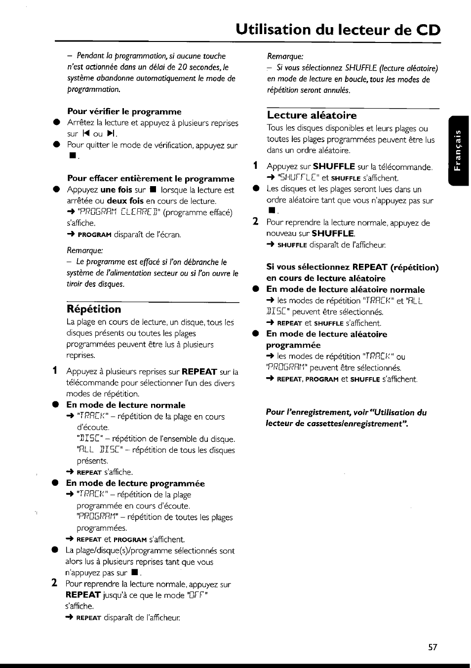 Pour vérifier ie programme, Pour effacer entièrement ie programme, Répétition | Lecture aléatoire, Utilisation du lecteur de cd | Philips FWI1000 User Manual | Page 57 / 106