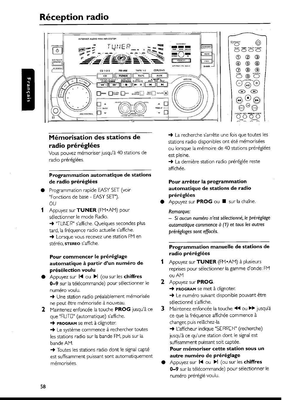 Réception radio, Mémorisation des stations de radio préréglées | Philips FWI1000 User Manual | Page 58 / 106