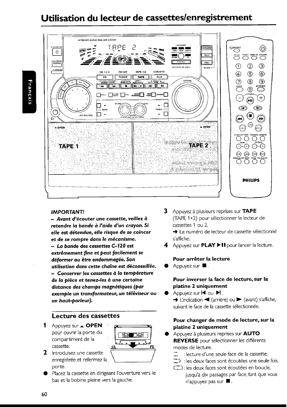 Lecture des cassettes, Pour arrêter la lecture, Lecture des cassettes -61 | Utilisation du lecteur de cassettes/enregistrement | Philips FWI1000 User Manual | Page 60 / 106