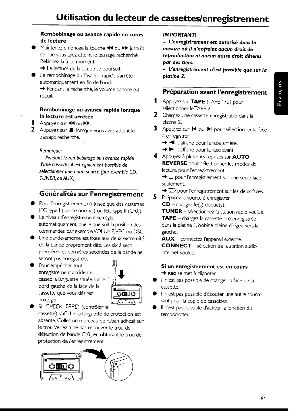 Rembobinage ou avance rapide en cours de lecture, Généralités sur [’enregistrement, Préparation avant l’enregistrement | Si un enregistrement est en cours, Généralités sur l’enregistrement, Utilisation du lecteur de cassettes/enregistrement | Philips FWI1000 User Manual | Page 61 / 106