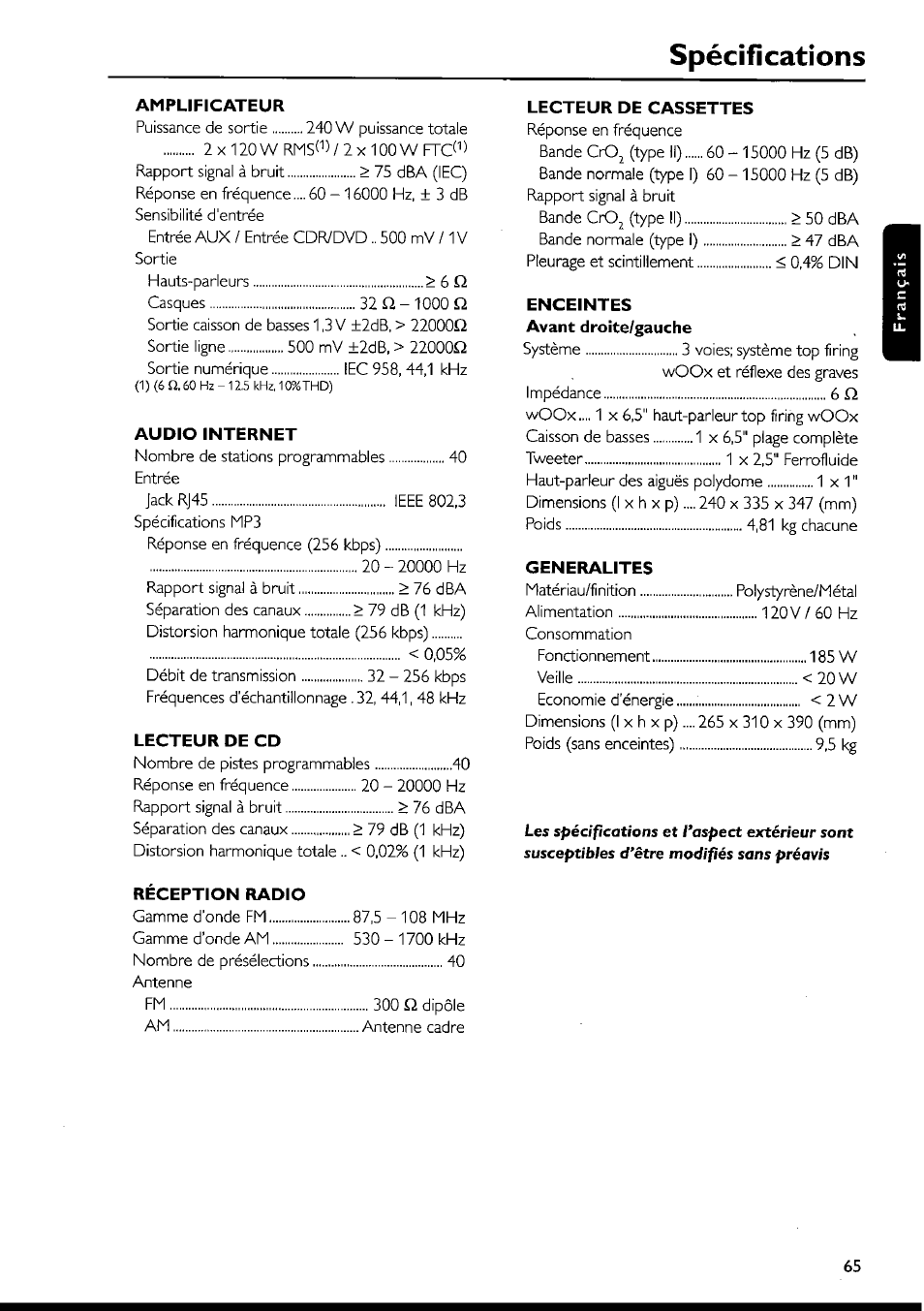 Spécifications | Philips FWI1000 User Manual | Page 65 / 106