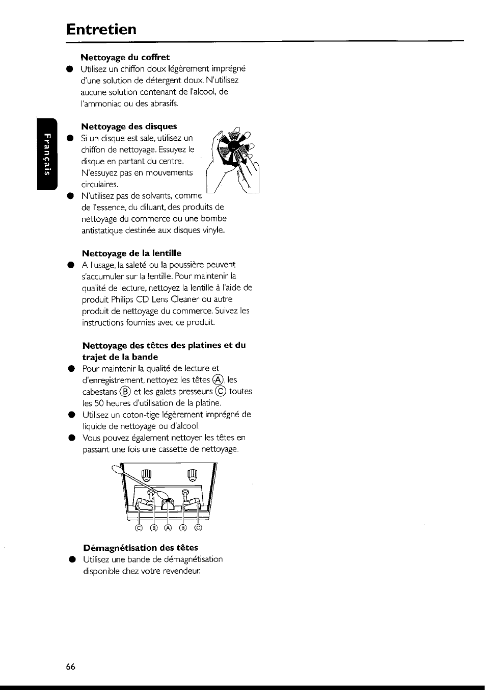 Entretien, Nettoyage du coffret, Nettoyage des disques | Nettoyage de la lentille, Démagnétisation des têtes | Philips FWI1000 User Manual | Page 66 / 106