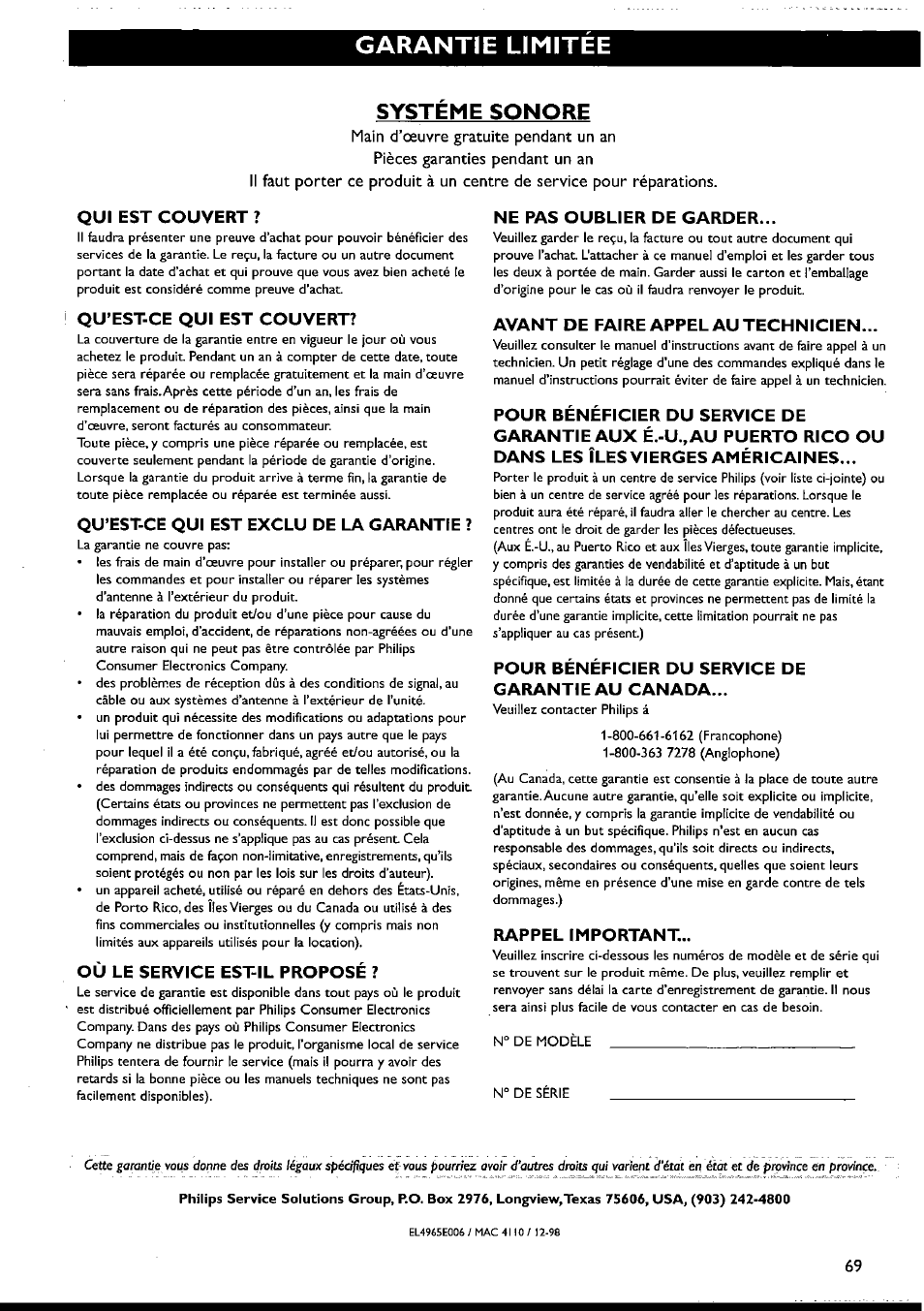 Qui est couvert, Qu'est-ce qui est couvert, Qu*est-ce qui est exclu de la garantie | Où le service est-il proposé, Ne pas oublier de garder, Avant de faireappelautechnicien, Pour bénéficier du service de garantie au canada, Rappel important, Garantie limitee, Systeme sonore | Philips FWI1000 User Manual | Page 69 / 106