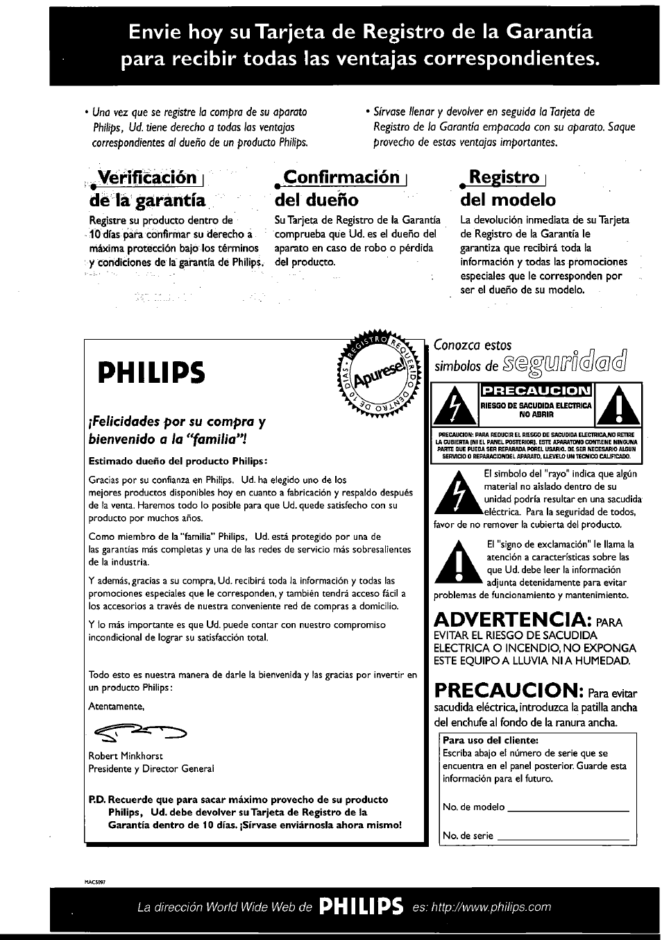 Advertencia: para, Precaucion: pari evtar, Philips | Advertencia, Verificación i de lá garantía, Confirmación i del dueño, Registro i del modelo | Philips FWI1000 User Manual | Page 70 / 106