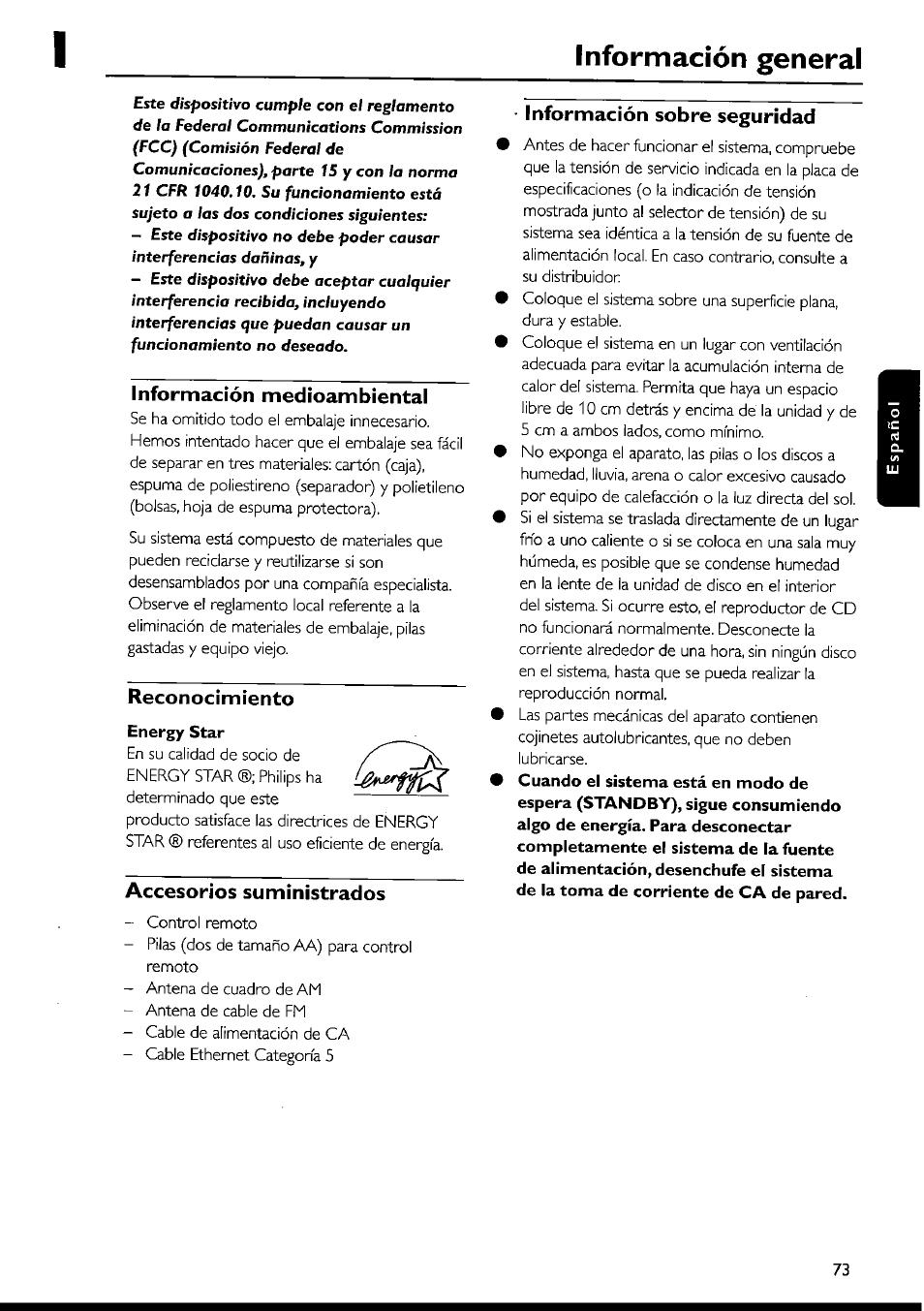 Información general, Información medioambiental, Reconocimiento | Accesorios suministrados, Información sobre seguridad | Philips FWI1000 User Manual | Page 73 / 106