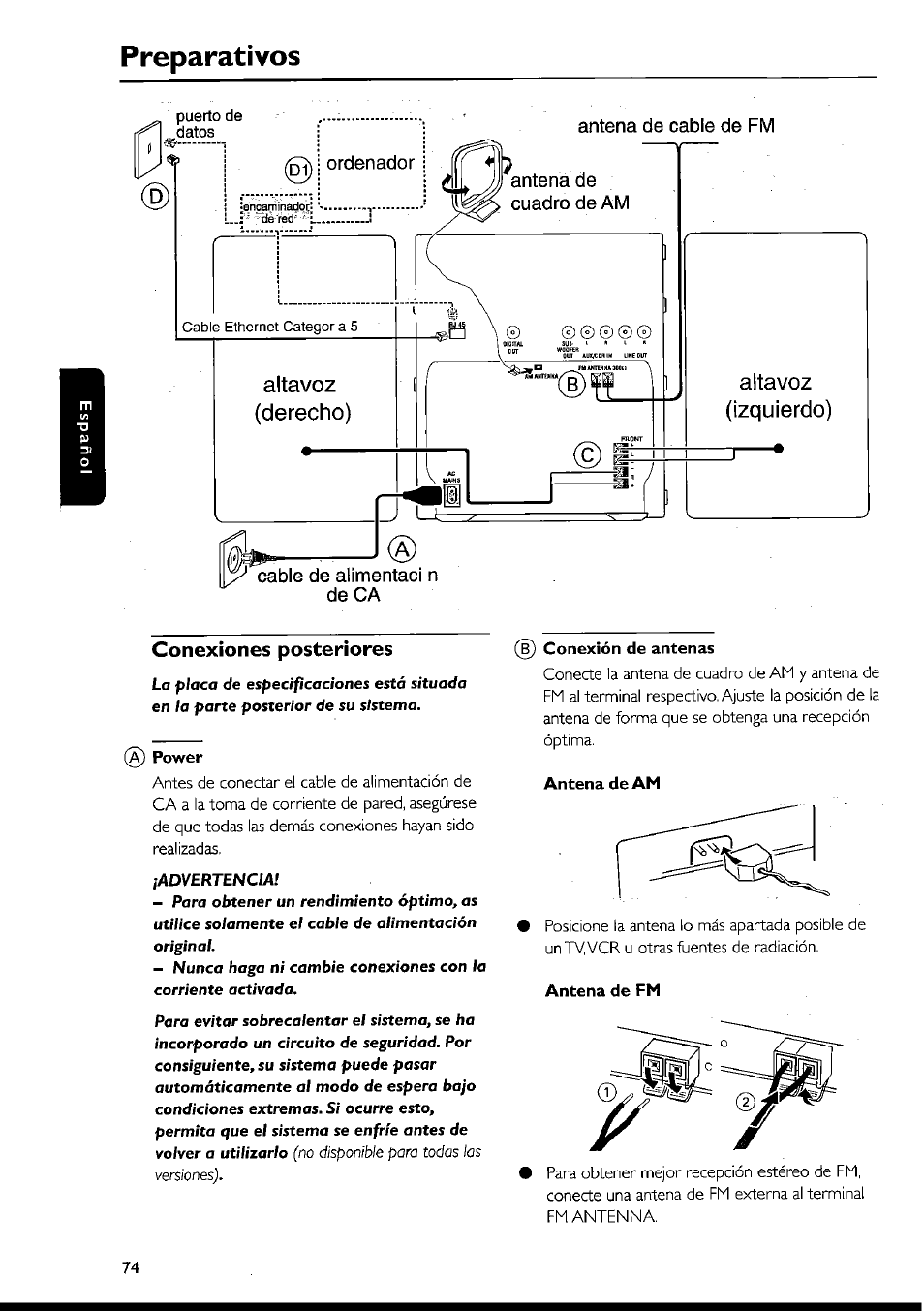 Preparativos, Conexiones posteriores, Conexiones posteriores -75 | Philips FWI1000 User Manual | Page 74 / 106