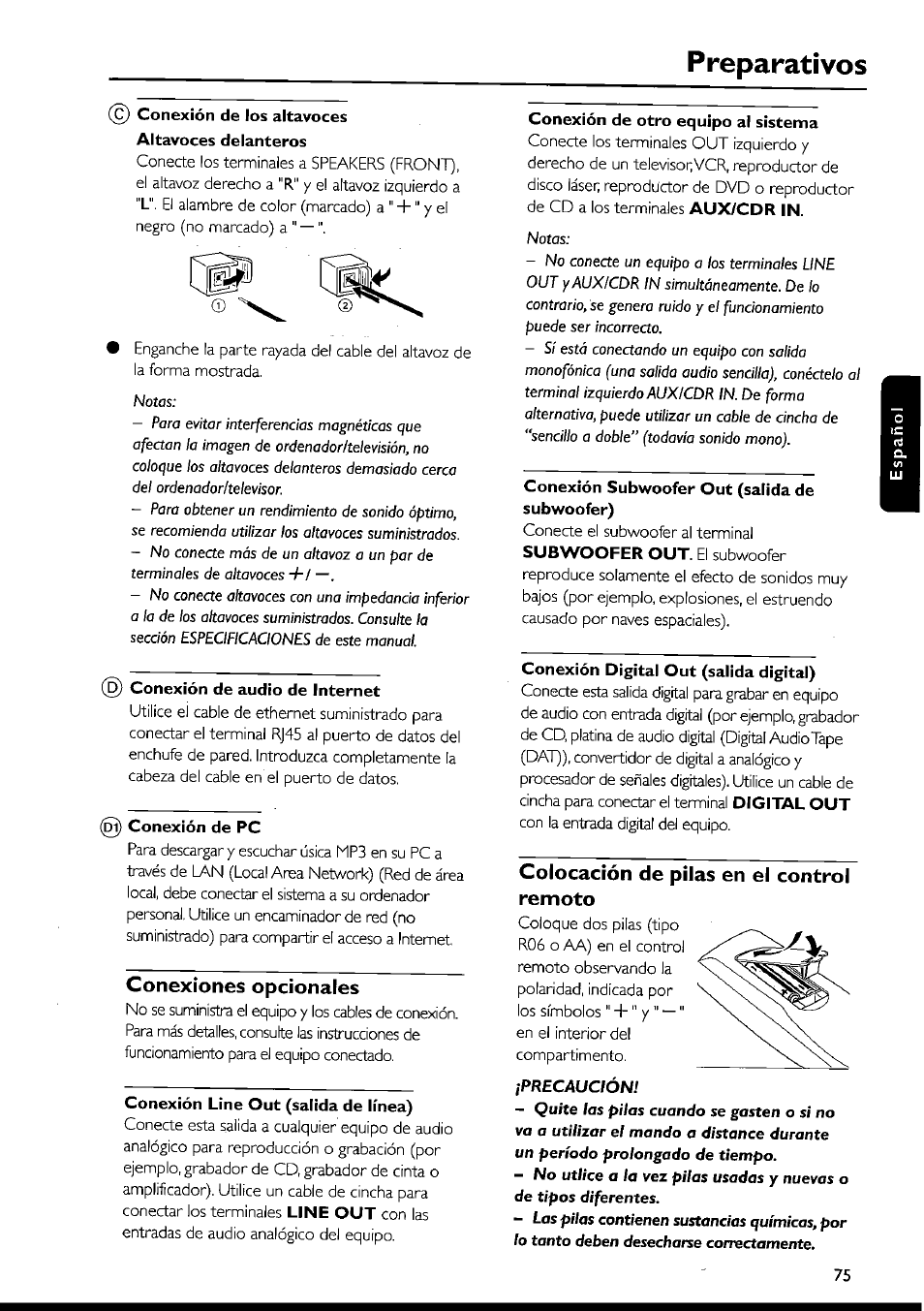 Preparativos, I conexión de los altavoces altavoces delanteros, Conexión de audio de internet | Conexión de pc, Conexiones opcionales, Conexión line out (salida de línea), Conexión de otro equipo al sistema, Conexión subwoofer out (salida de subwoofer), Conexión digital out (salida digital), Colocación de pilas en el control remoto | Philips FWI1000 User Manual | Page 75 / 106