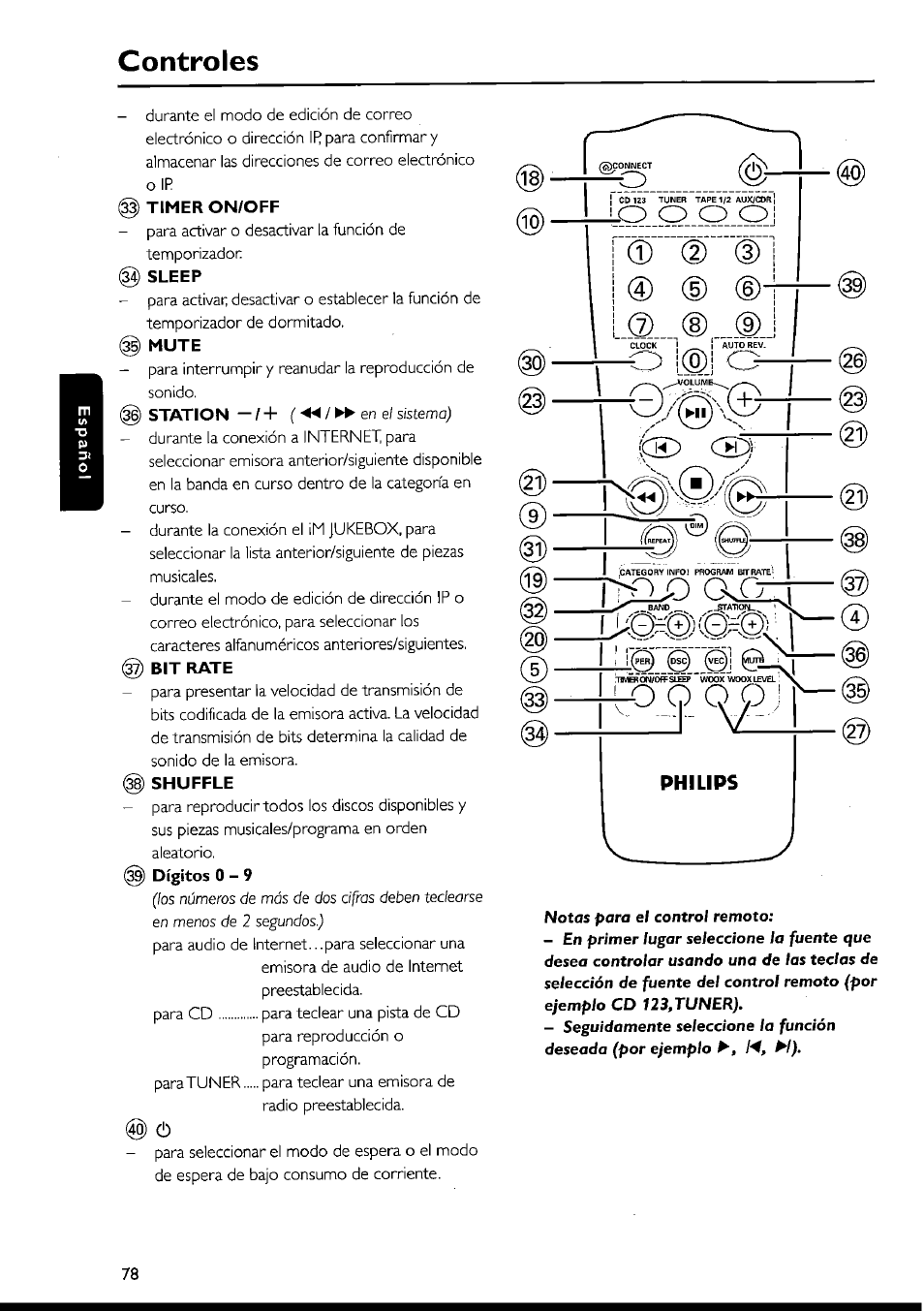 Timer on/off, Sleep, Mute | Shuffle, Controles | Philips FWI1000 User Manual | Page 78 / 106