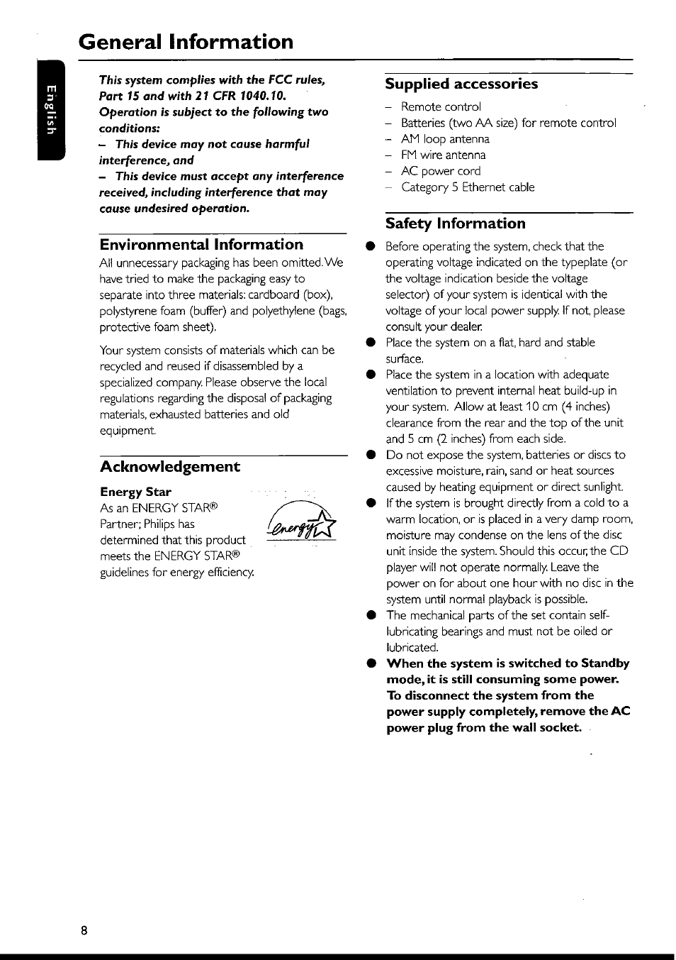 Environmental information, Acknowledgement, Energy star | Supplied accessories, Safety information, General information | Philips FWI1000 User Manual | Page 8 / 106