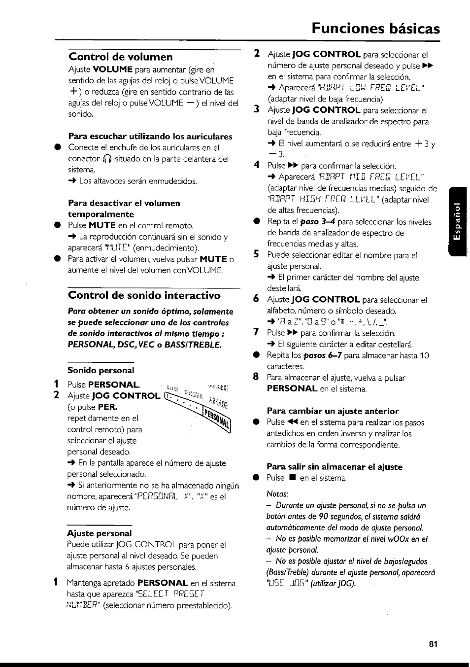 Para escuchar utilizando los auriculares, Para desactivar el volumen temporalmente, Control de sonido interactivo | Ajuste personal, Sonido personal, Para cambiar un ajuste anterior, Para salir sin almacenar el ajuste, Control de sonido interactivo -82, Funciones básicas, Control de volumen | Philips FWI1000 User Manual | Page 81 / 106