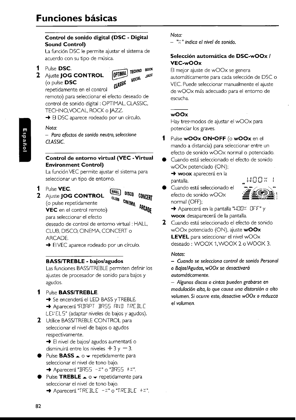 Bass/treble - bajos/agudos, Selección automática de dsc-woox / vec-woox, Woox | Funciones básicas | Philips FWI1000 User Manual | Page 82 / 106