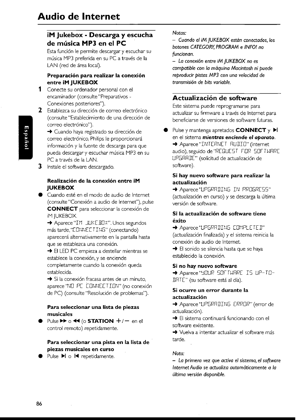 Actualización de software, Audio de internet | Philips FWI1000 User Manual | Page 86 / 106