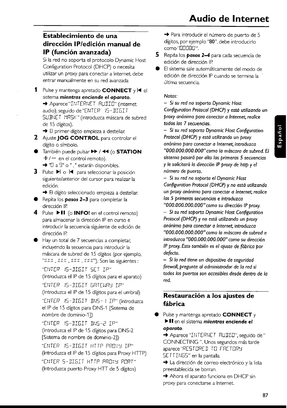 Restauración a los ajustes de fábrica, Audio de internet | Philips FWI1000 User Manual | Page 87 / 106
