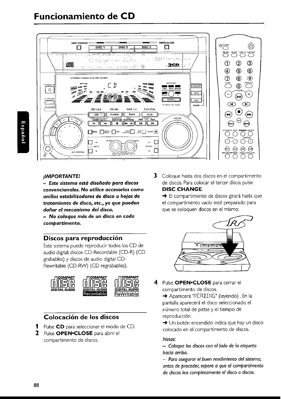 Discos para reproducción, Funcionamiento de cd, Т ш ш | Colocación de los discos | Philips FWI1000 User Manual | Page 88 / 106