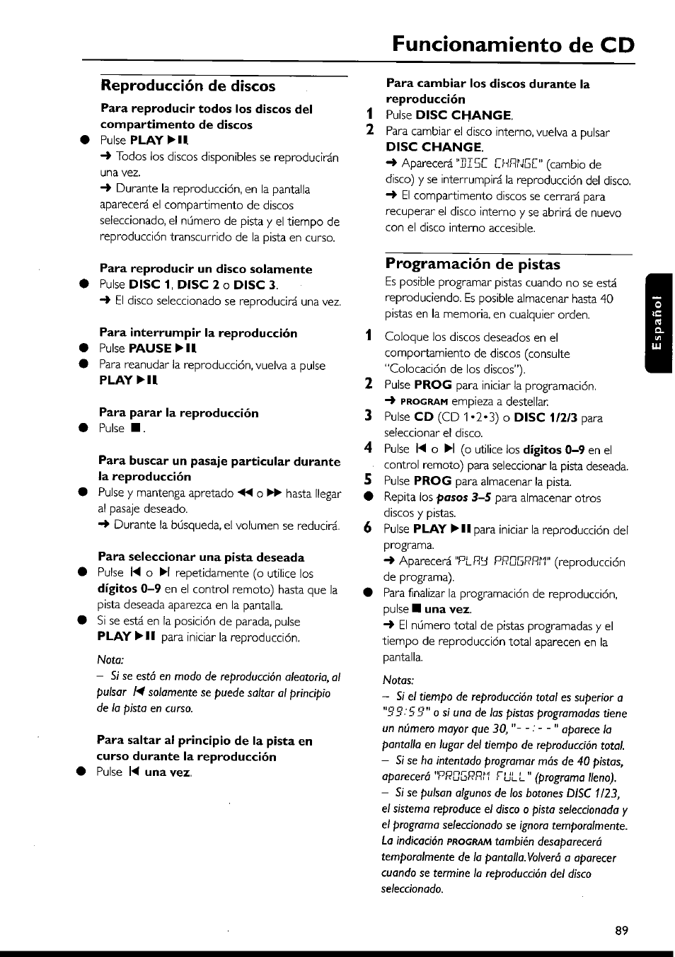 Reproducción de discos, Programación de pistas, Programación de pistas —90 | Funcionamiento de cd, L ’ l ’ ì ) | Philips FWI1000 User Manual | Page 89 / 106