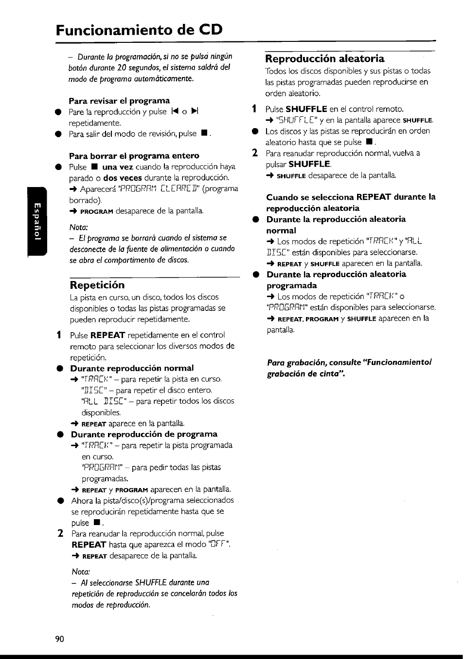 Para revisar el programa, Para borrar el programa entero, Repetición | Reproducción aleatoria, Funcionamiento de cd | Philips FWI1000 User Manual | Page 90 / 106