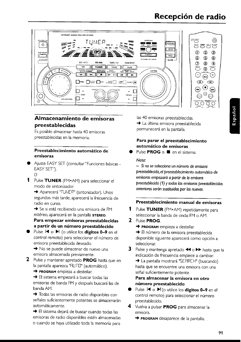 Recepción de radio, Almacenamiento de emisoras preestablecidas, Preestablecimiento automático de emisoras | Preestablecimiento manual de emisoras | Philips FWI1000 User Manual | Page 91 / 106