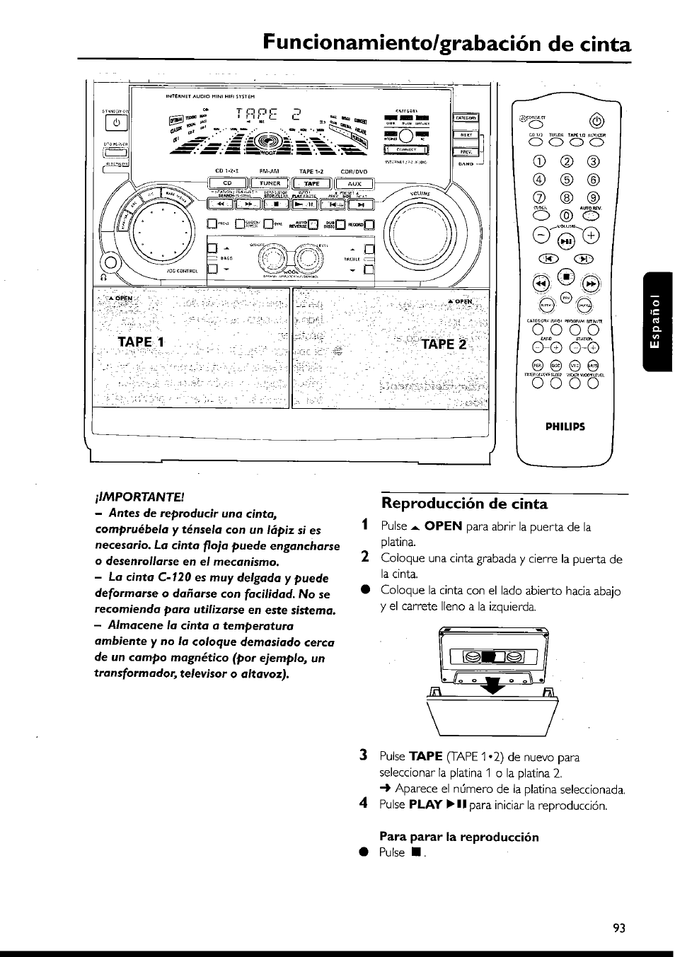 Reproducción de cinta, Reproducción de cinta -94, Funcíonamiento/grabacíón de cinta | Philips FWI1000 User Manual | Page 93 / 106