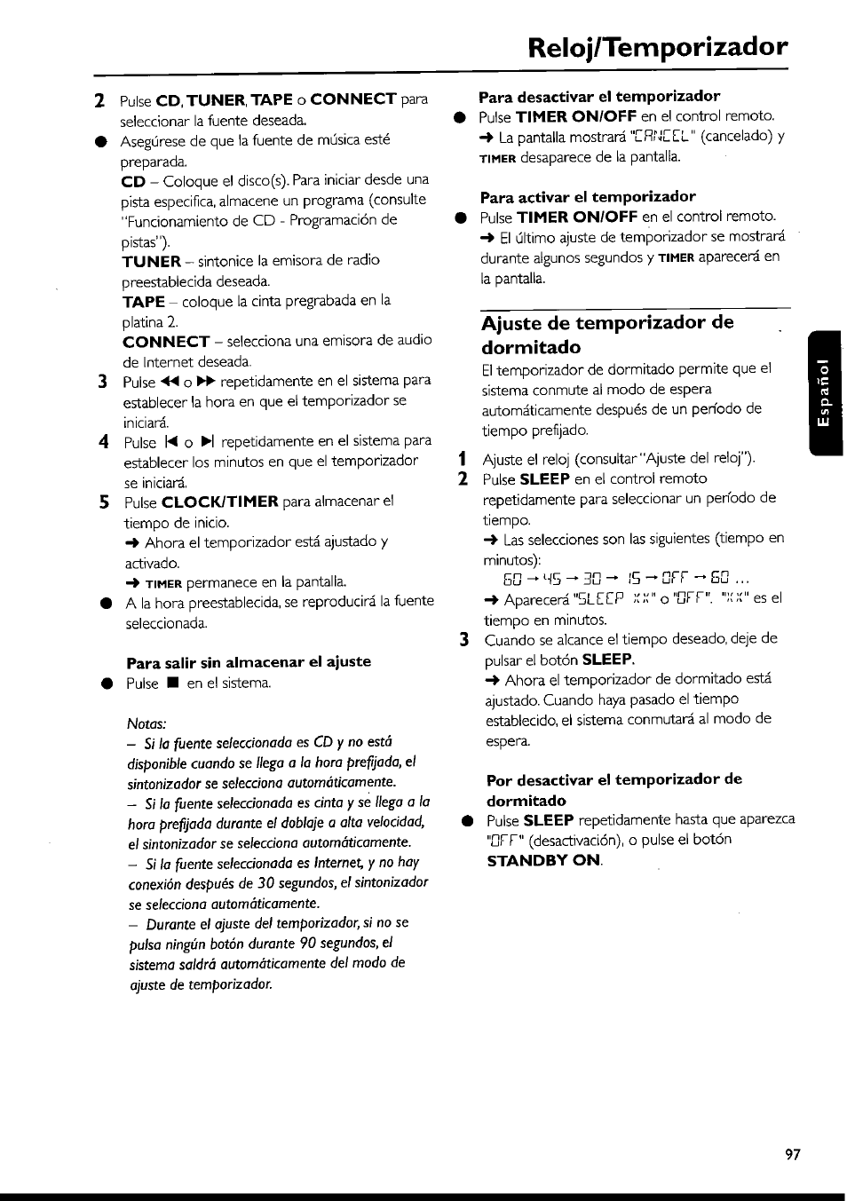 Reloj/temponzador, Para salir sin almacenar el ajuste, Para desactivar el temporizador | Para activar el temporizador, Ajuste de temporizador de dormitado, Por desactivar el temporizador de dormitado, Ajuste del temporizador de dormitado | Philips FWI1000 User Manual | Page 97 / 106