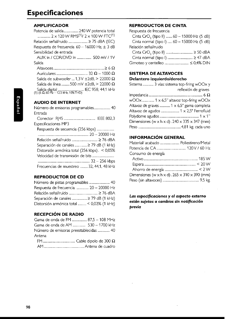 Especificaciones | Philips FWI1000 User Manual | Page 98 / 106