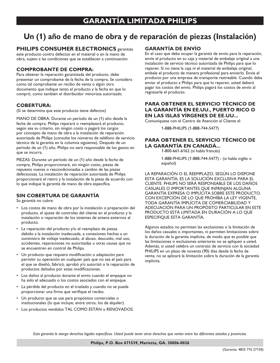 Garantía limitada philips, Philips consumer electronics | Philips 26PF5320-28B User Manual | Page 114 / 114