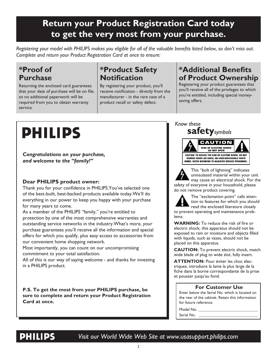 Proof of purchase, Product safety notiﬁcation, Additional beneﬁts of product ownership | Philips 26PF5320-28B User Manual | Page 2 / 114