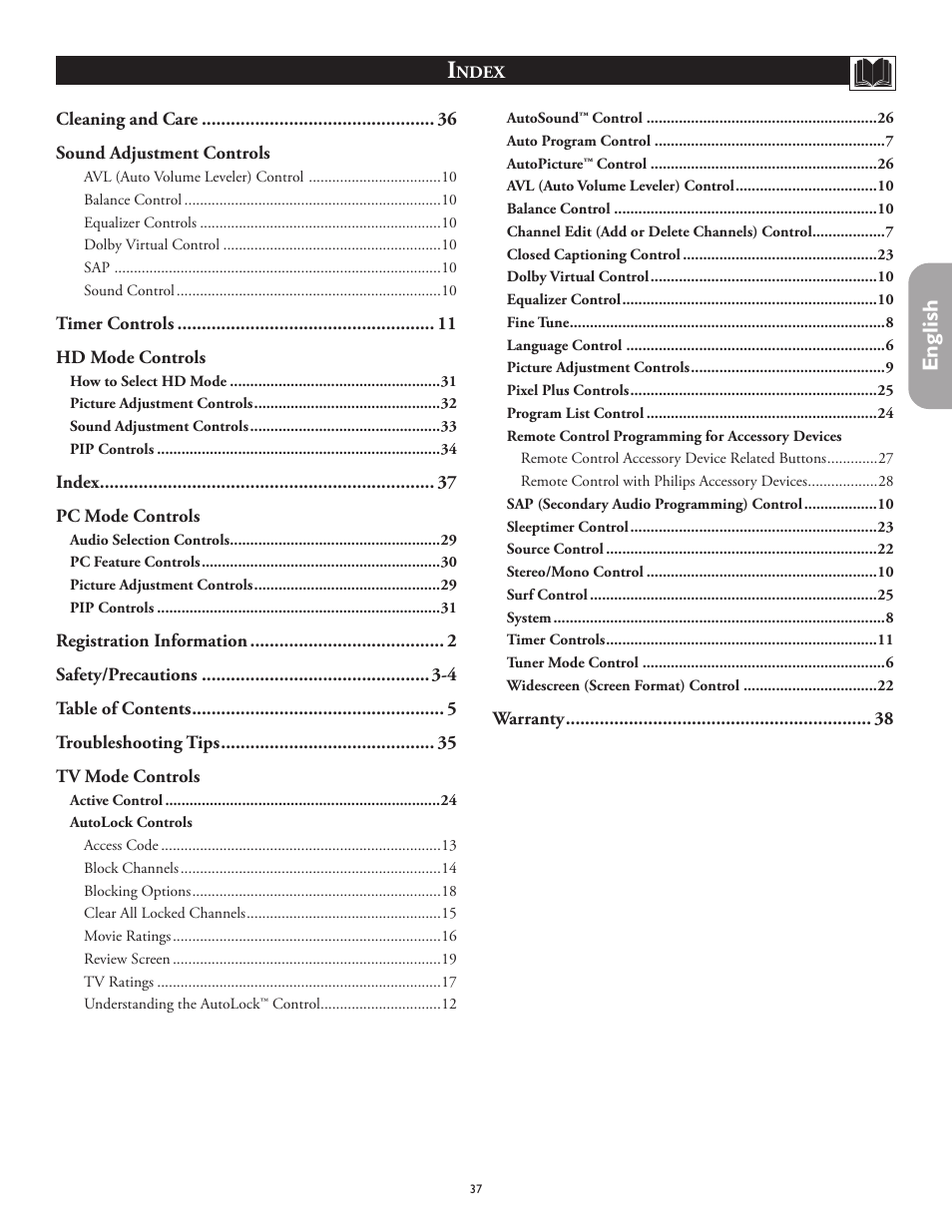 English | Philips 26PF5320-28B User Manual | Page 37 / 114
