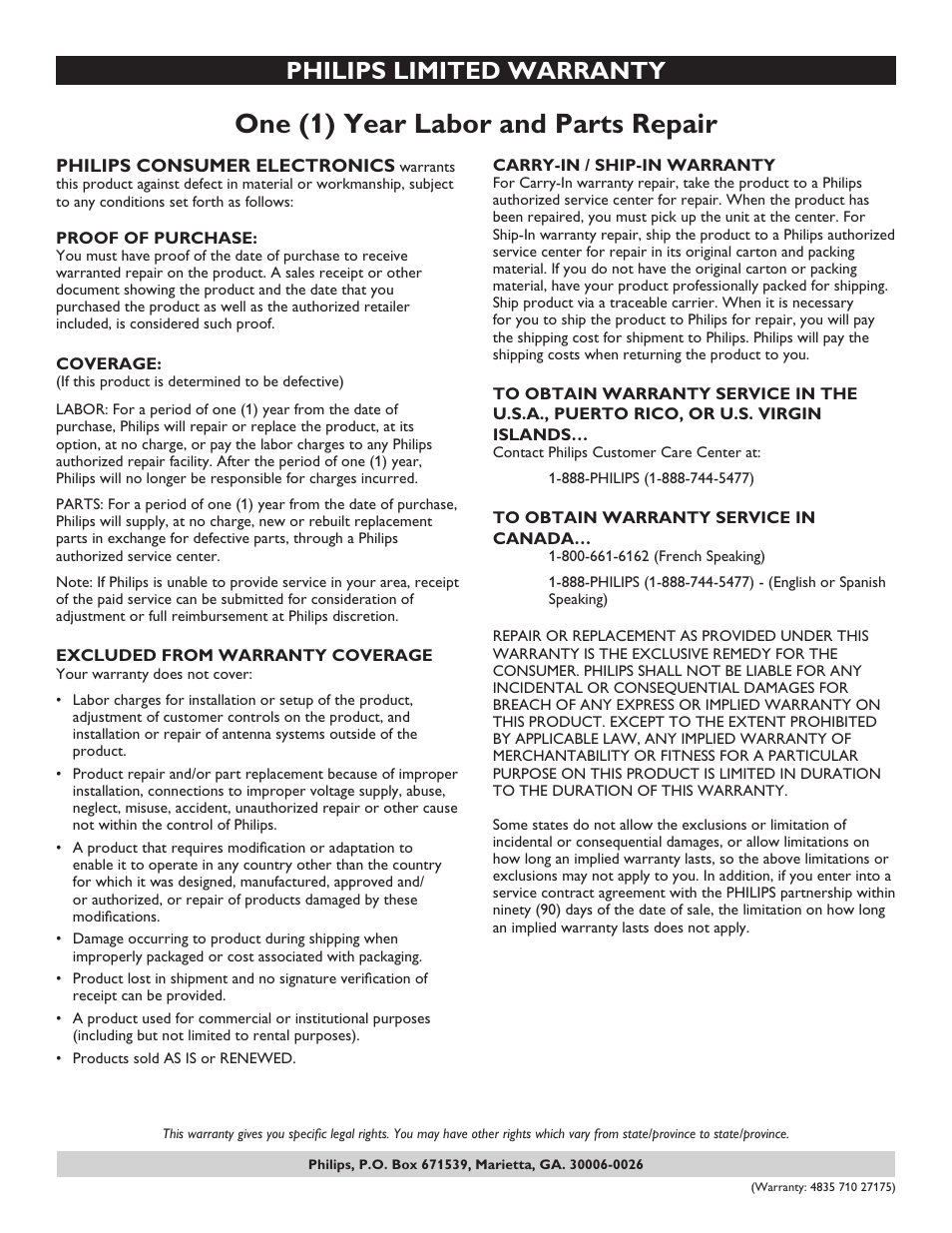 One (1) year labor and parts repair, Philips limited warranty | Philips 26PF5320-28B User Manual | Page 38 / 114