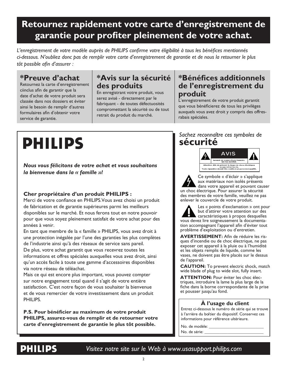 Preuve d’achat, Avis sur la sécurité des produits | Philips 26PF5320-28B User Manual | Page 40 / 114