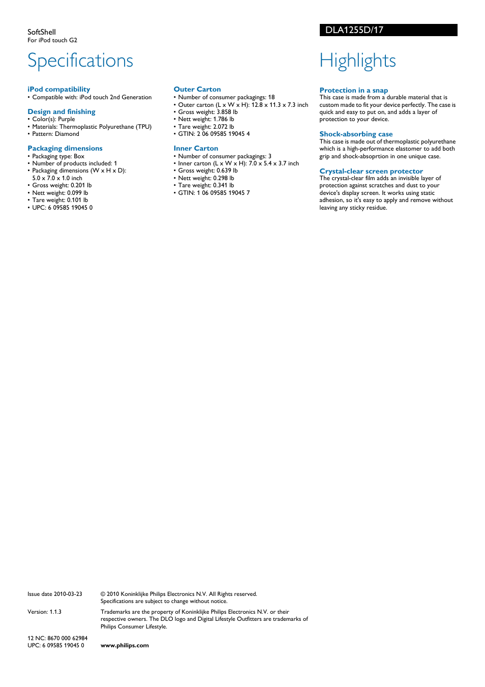 Specifications, Highlights | Philips DLA1255D-17 User Manual | Page 2 / 2