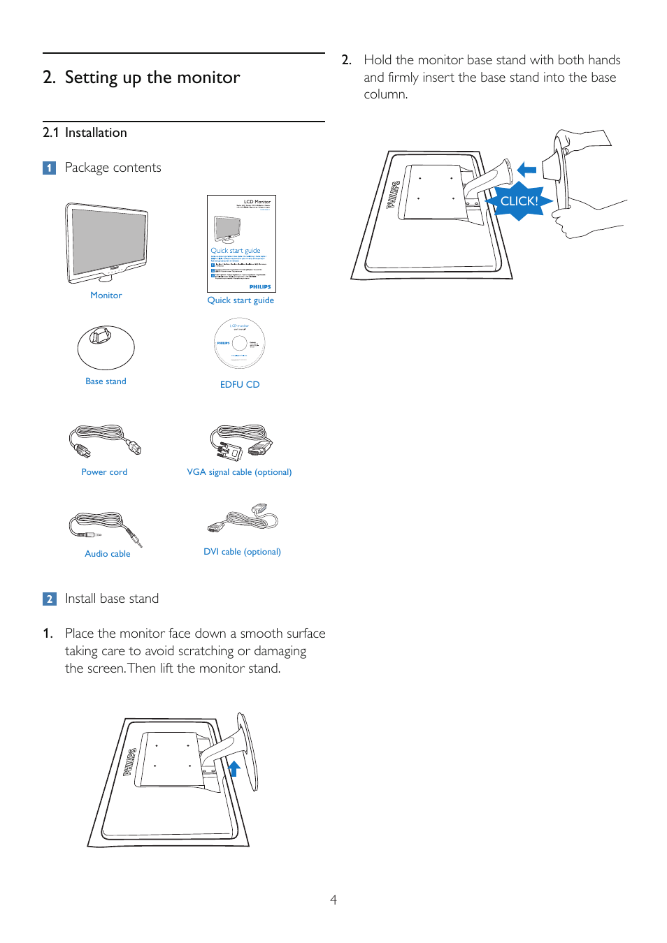 Setting up the monitor, 1 installation package contents, Click | Philips 234EL2SB-00 User Manual | Page 6 / 51