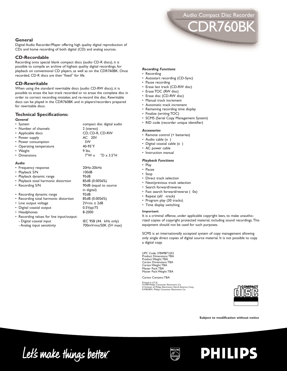 Cdr760bk, Audio compact disc recorder | Philips CDR760BK99 User Manual | Page 2 / 2