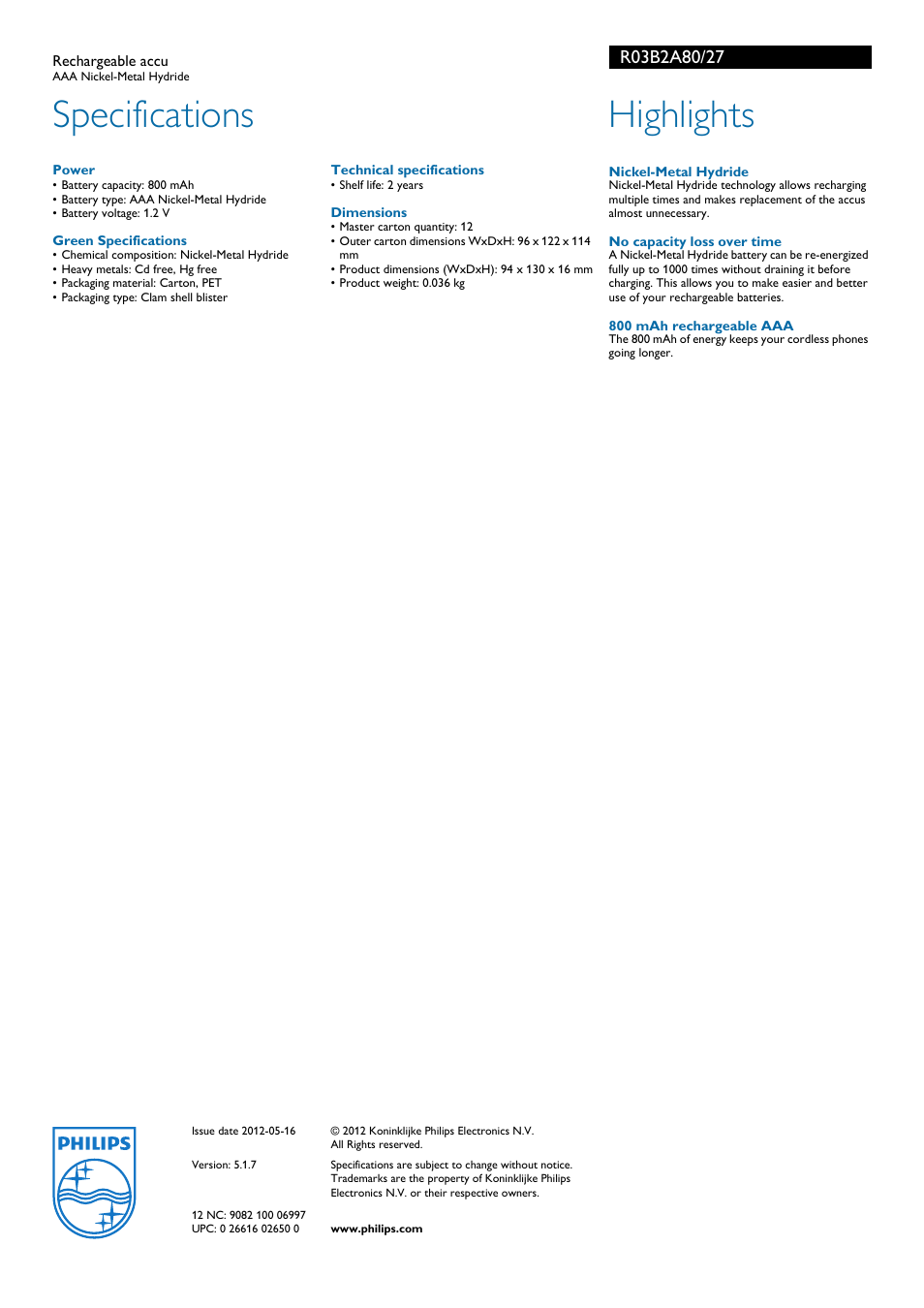 Specifications, Highlights | Philips R03B2A80-27 User Manual | Page 2 / 2