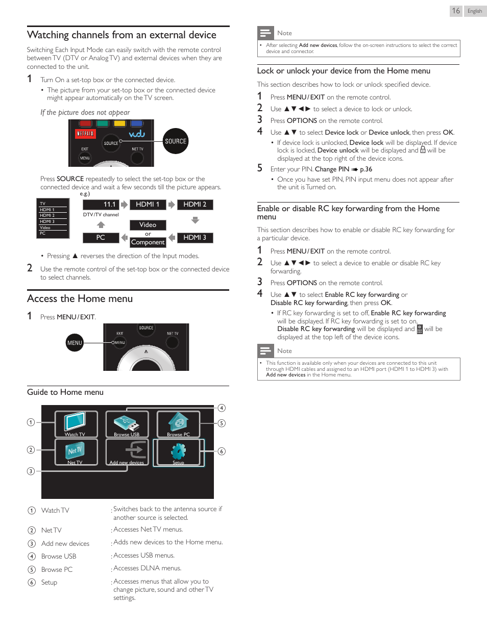 Watching.channels.from.an.external.devic, Access.the.home.menu, Access the home menu | Watching channels from an external device, Access the home menu 1 | Philips 22PFL4907-F7 User Manual | Page 16 / 67