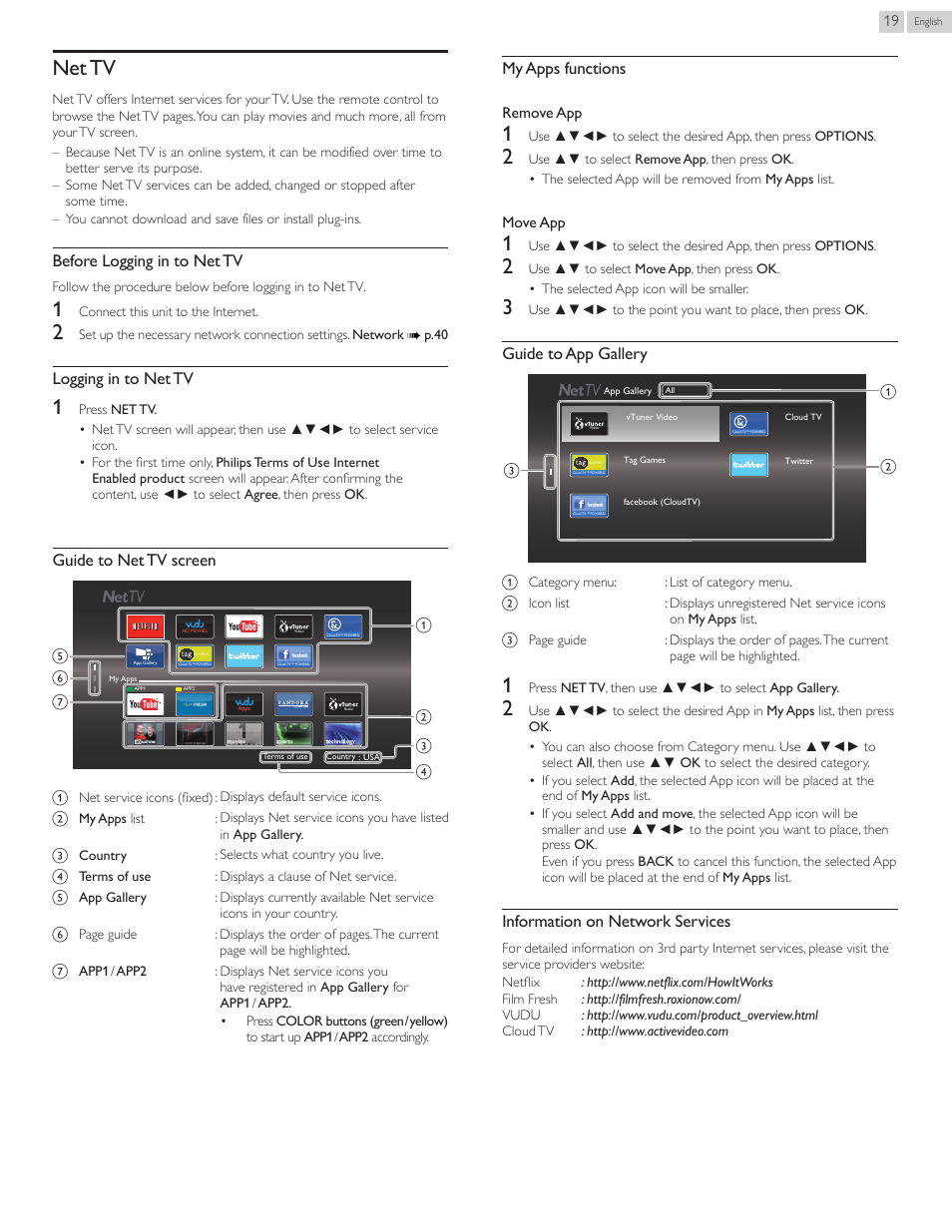 Net.tv, Net tv, P. 19 | Before logging in to net tv, Logging in to net tv, Guide to net tv screen, My apps functions, Guide to app gallery, Information on network services | Philips 22PFL4907-F7 User Manual | Page 19 / 67