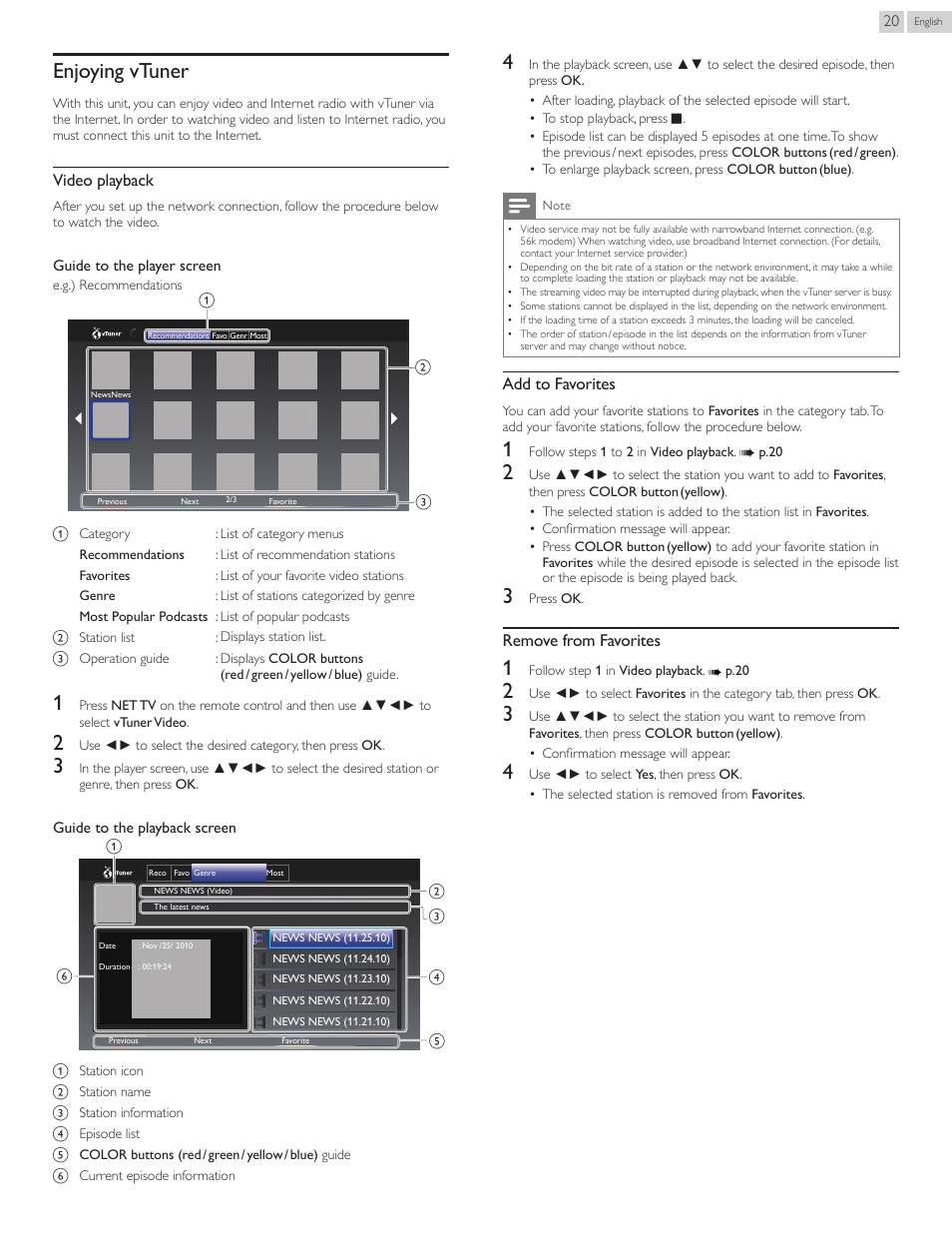 Enjoying.vtuner, Enjoying vtuner, Pandora | Operations, Video playback, Add to favorites, Remove from favorites | Philips 22PFL4907-F7 User Manual | Page 20 / 67