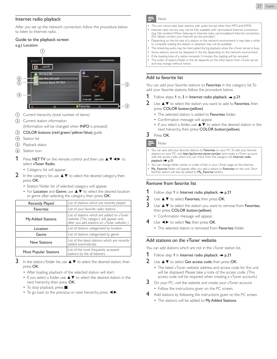 Internet radio playback, Add to favorite list, Remove from favorite list | Add stations on the vtuner website | Philips 22PFL4907-F7 User Manual | Page 21 / 67