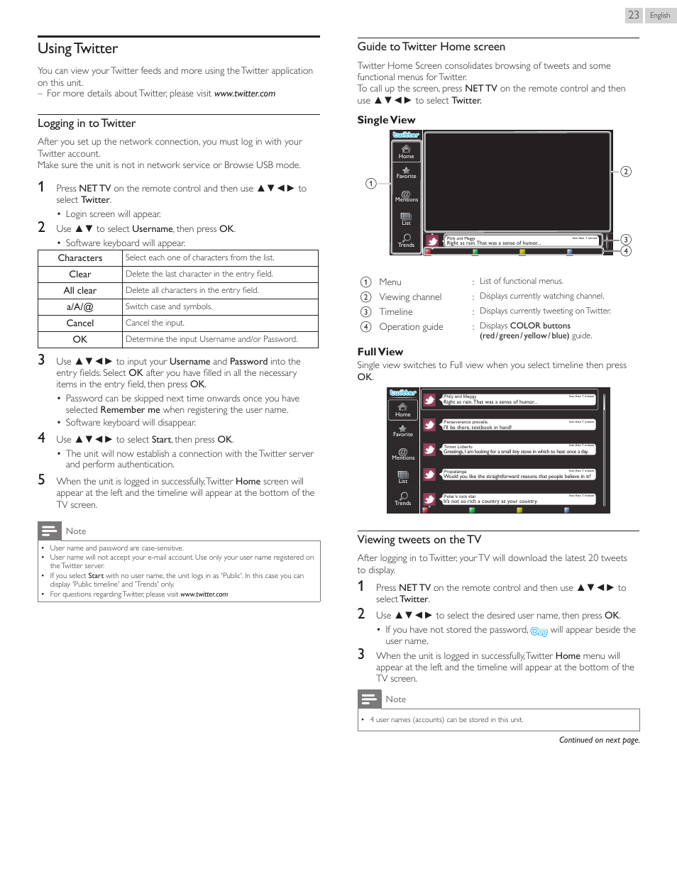 Using.twitter, Using twitter, Logging in to twitter | Guide to twitter home screen, Viewing tweets on the tv | Philips 22PFL4907-F7 User Manual | Page 23 / 67