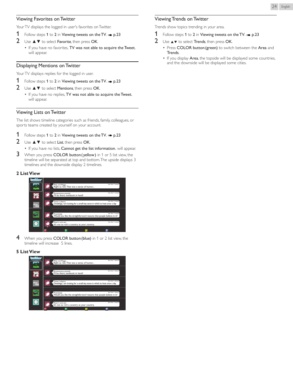 Viewing favorites on twitter, Displaying mentions on twitter, Viewing lists on twitter | Viewing trends on twitter, 2listview, 5listview | Philips 22PFL4907-F7 User Manual | Page 24 / 67