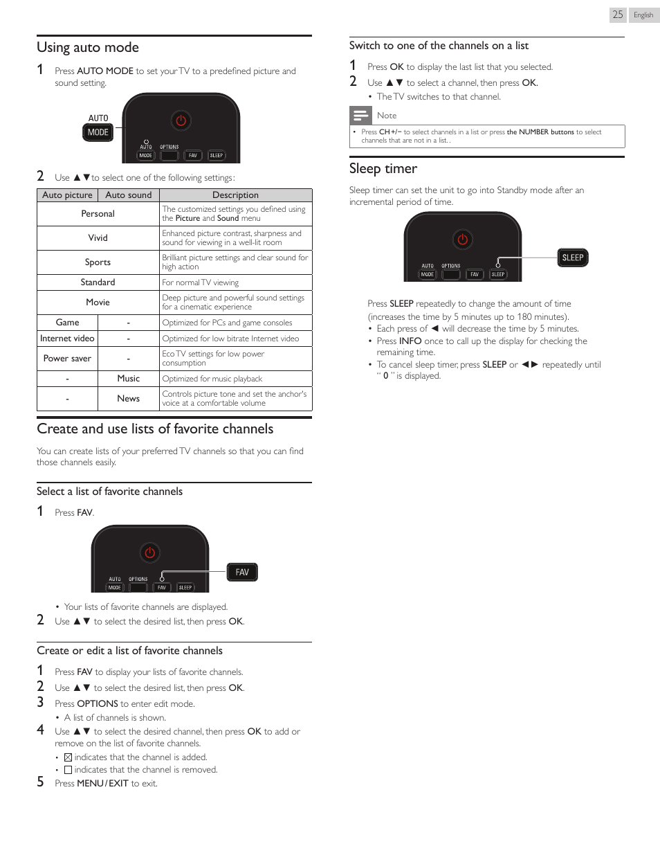 Using.auto.mode, Create.and.use.lists.of.favorite.channel, Sleep.timer | Using auto mode, Create and use lists of favorite channels, Sleep timer, Using auto mode 1 | Philips 22PFL4907-F7 User Manual | Page 25 / 67