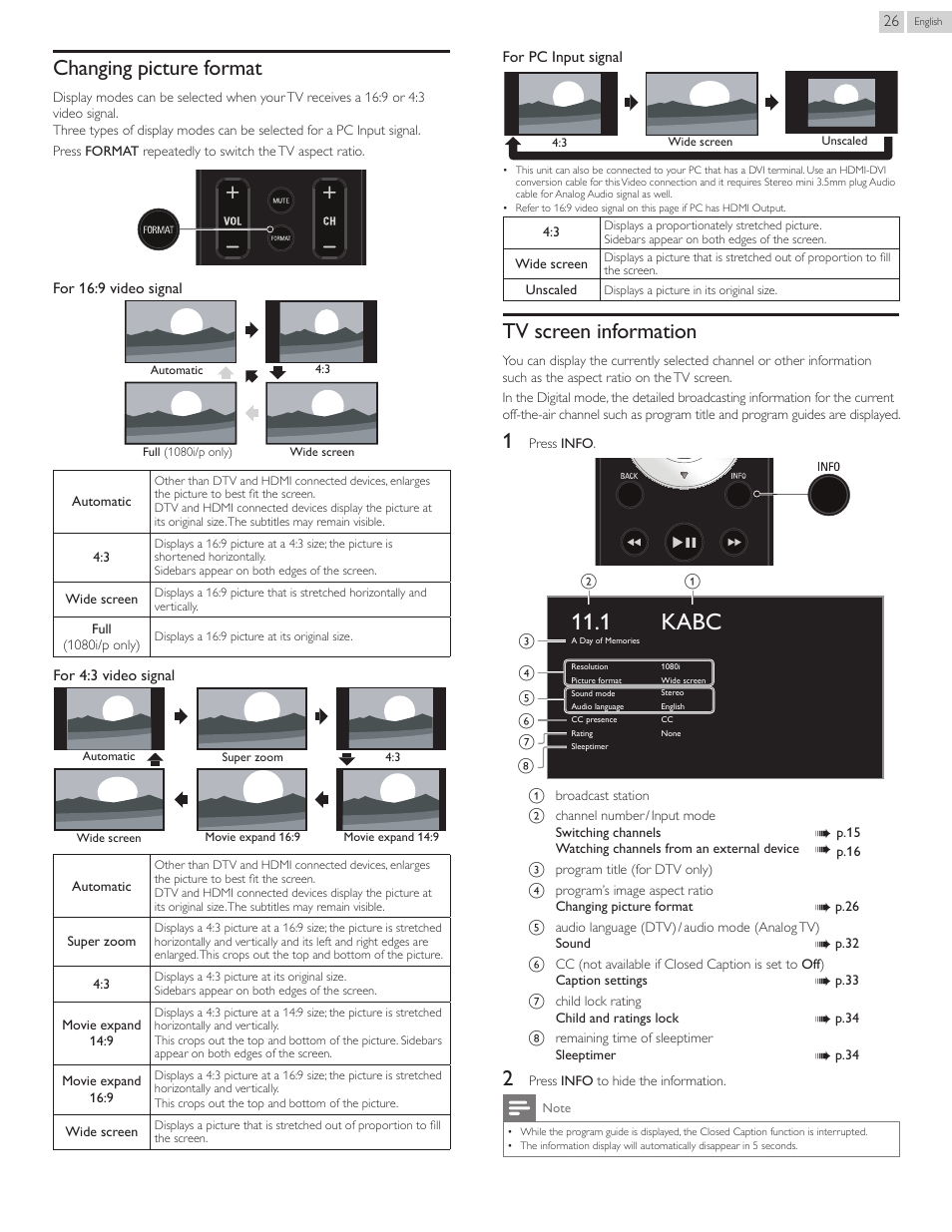 Changing.picture.format, Tv.screen.information, Changing picture format | Tv screen information, 1 kabc | Philips 22PFL4907-F7 User Manual | Page 26 / 67