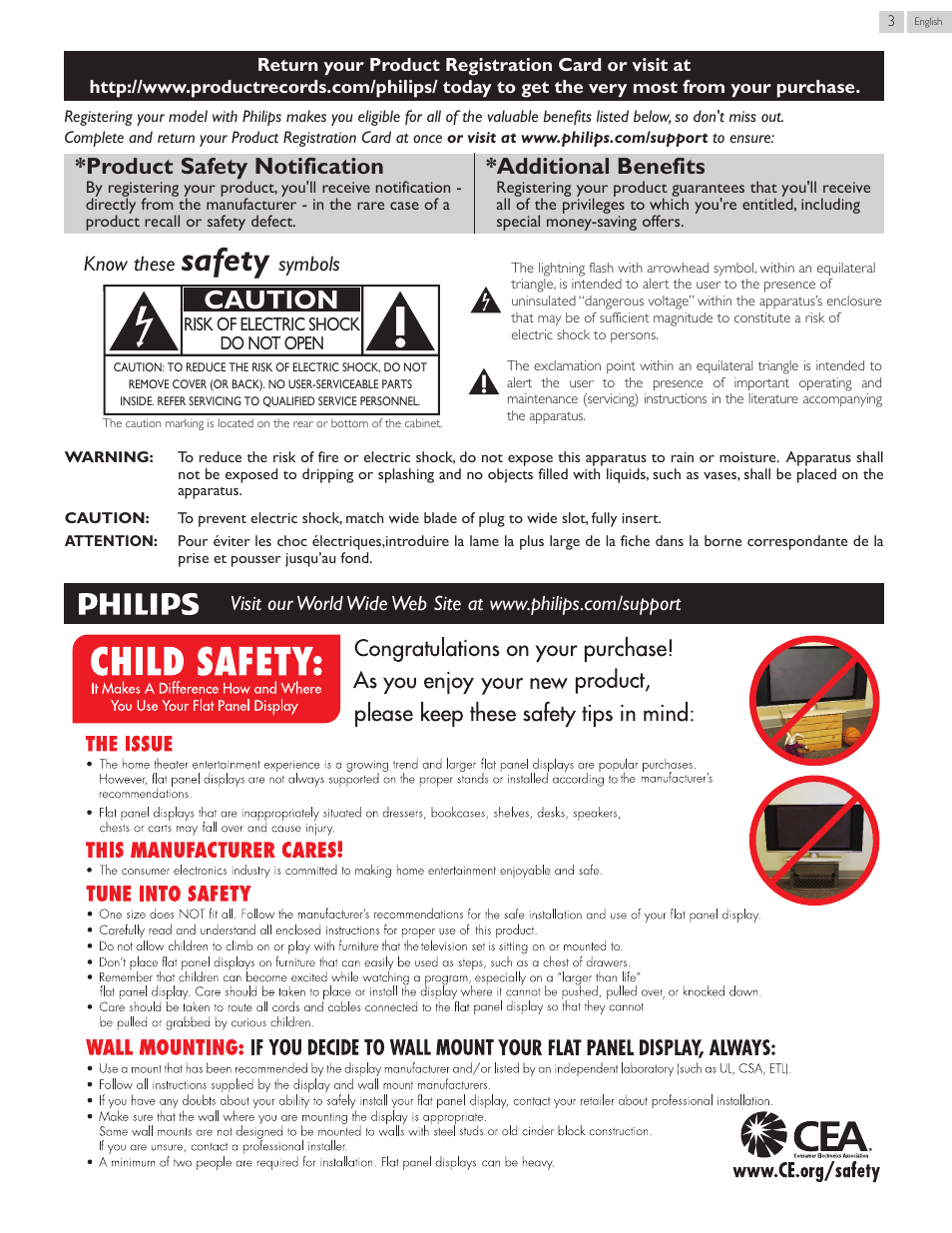 Safety, Caution, Product safety notification *additional benefits | Know these, Symbols | Philips 22PFL4907-F7 User Manual | Page 3 / 67