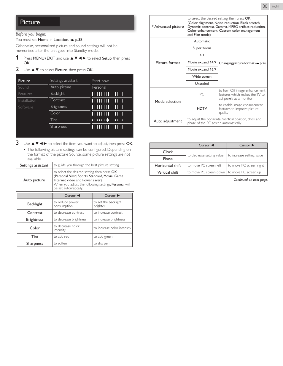 Picture, P. 30 | Philips 22PFL4907-F7 User Manual | Page 30 / 67