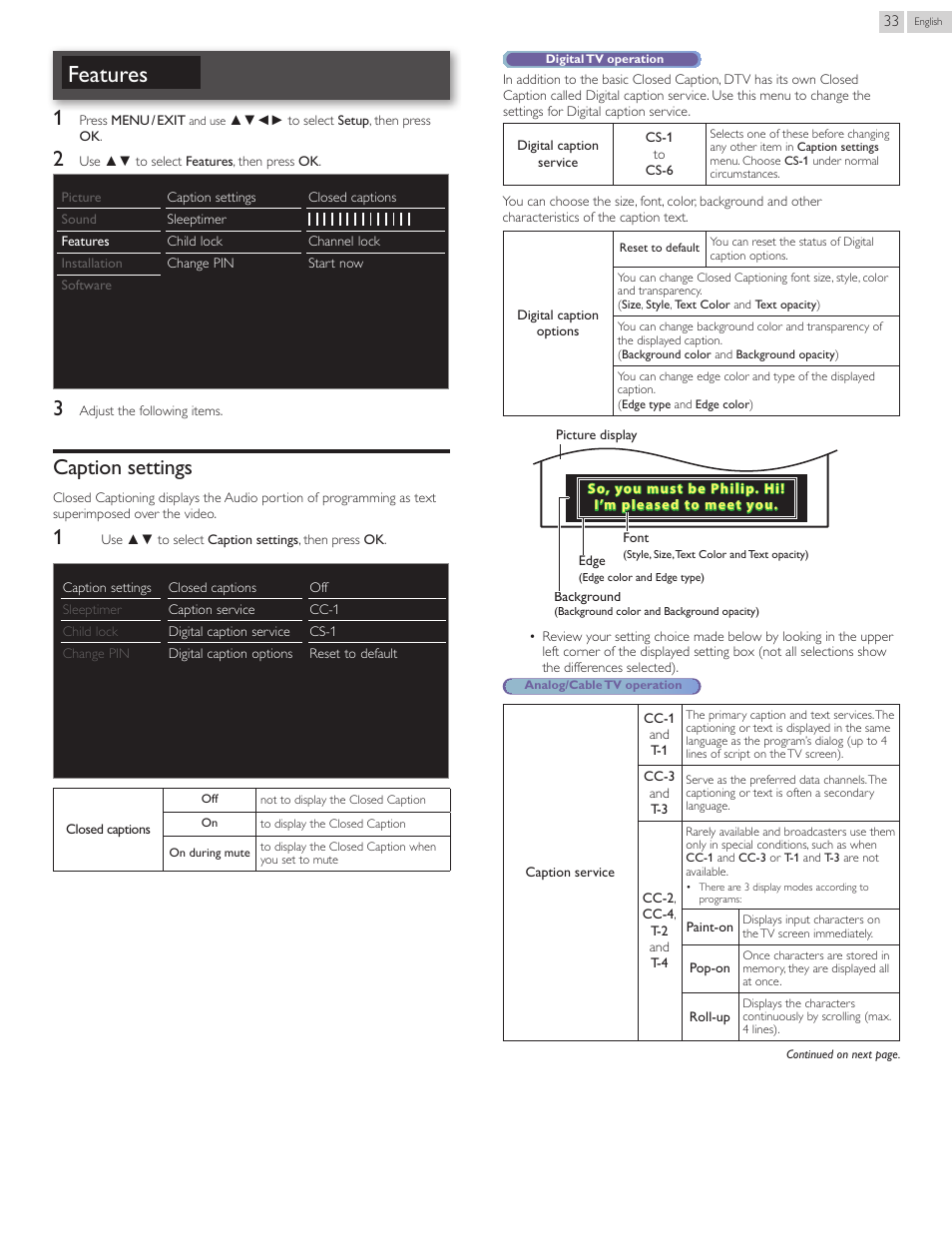 Features, Caption.settings, Caption settings | P. 33 | Philips 22PFL4907-F7 User Manual | Page 33 / 67