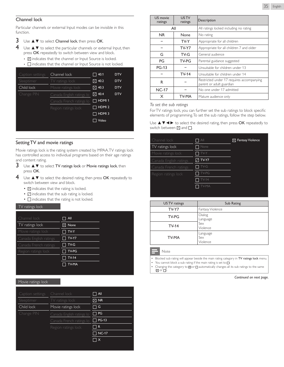 Channel lock, Setting tv and movie ratings | Philips 22PFL4907-F7 User Manual | Page 35 / 67